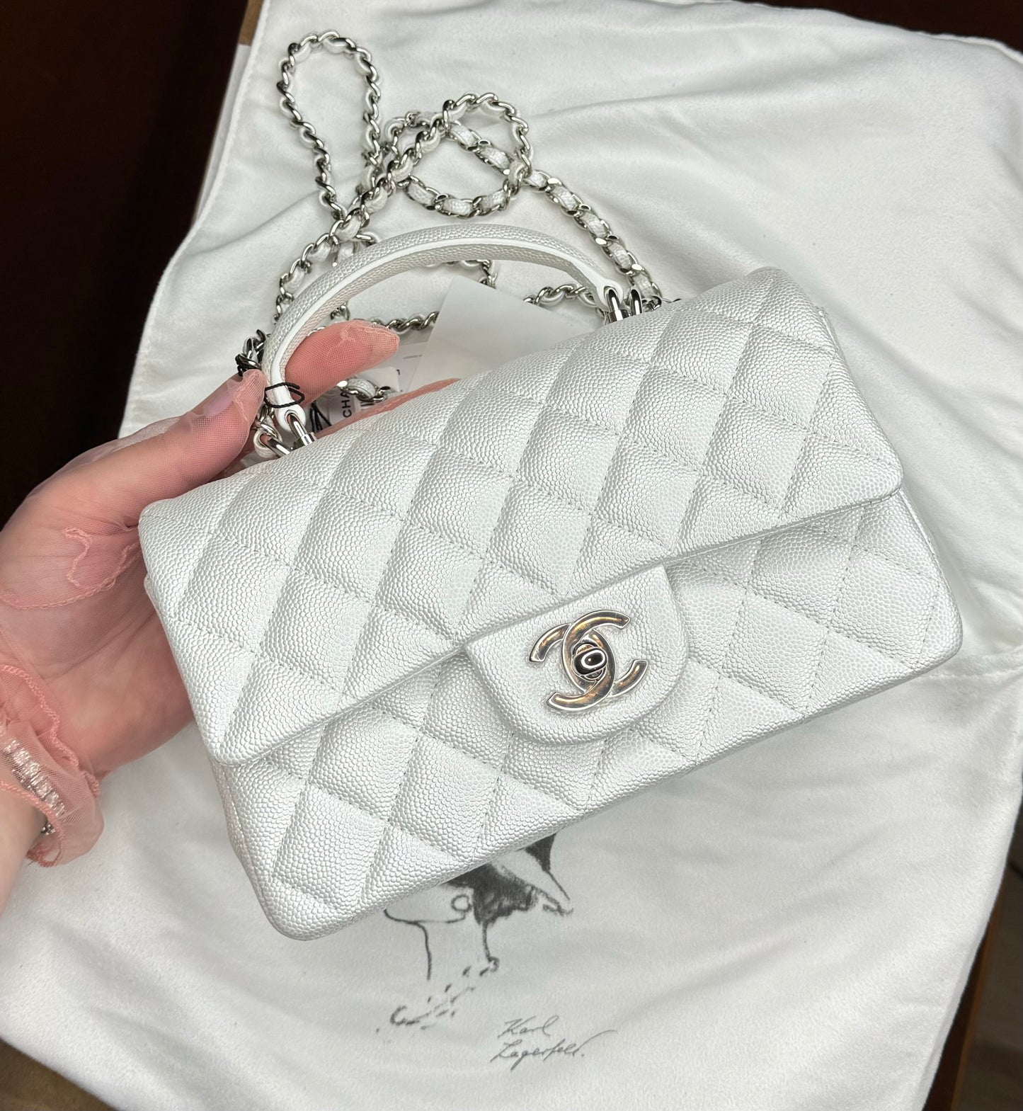 Chanel 21S Mini Iridescent White Caviar Top Handle