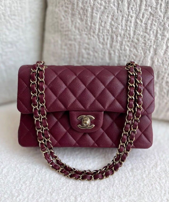 Chanel Small Classic Double Flap Caviar Burgundy Light Gold Hardware 2023