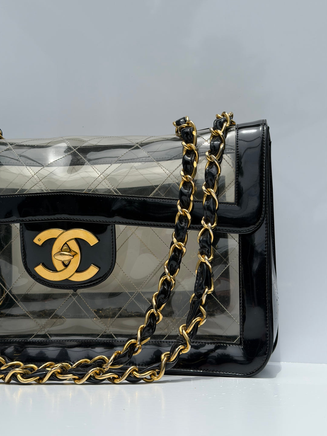 Chanel Maxi Classic Flap Bag Clear Vinyl Black Patent Leather Gold Hardware 1994