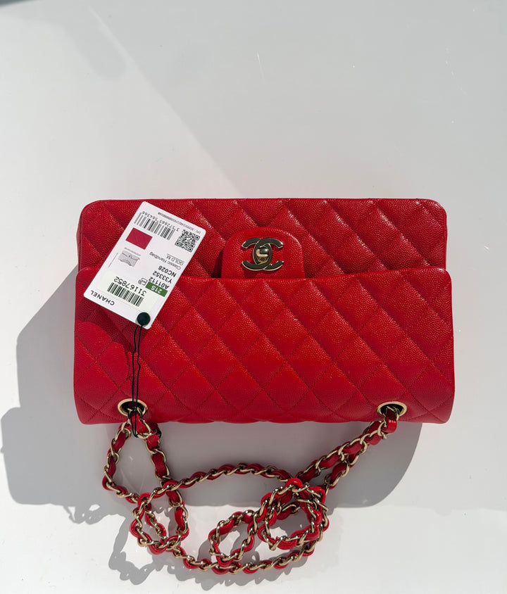 Chanel Medium Classic Double Flap Caviar Red Light Gold Hardware 2021