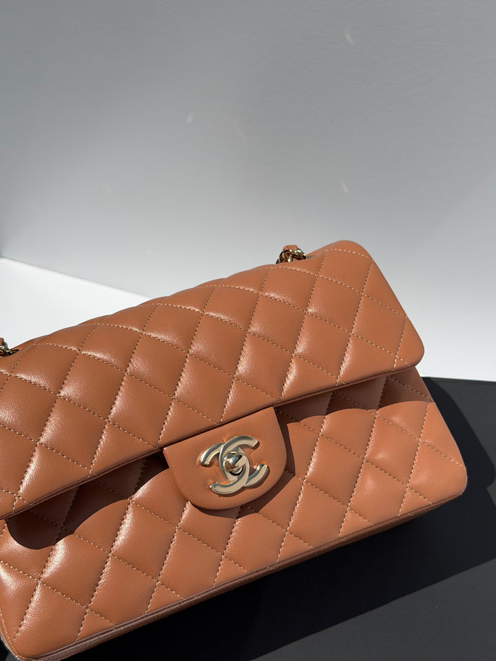 Chanel Small Classic Flap Bag Lambskin Caramel Light Gold Hardware 2022