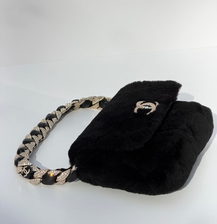Chanel 2020 Shearling & Strass Black Flap Bag