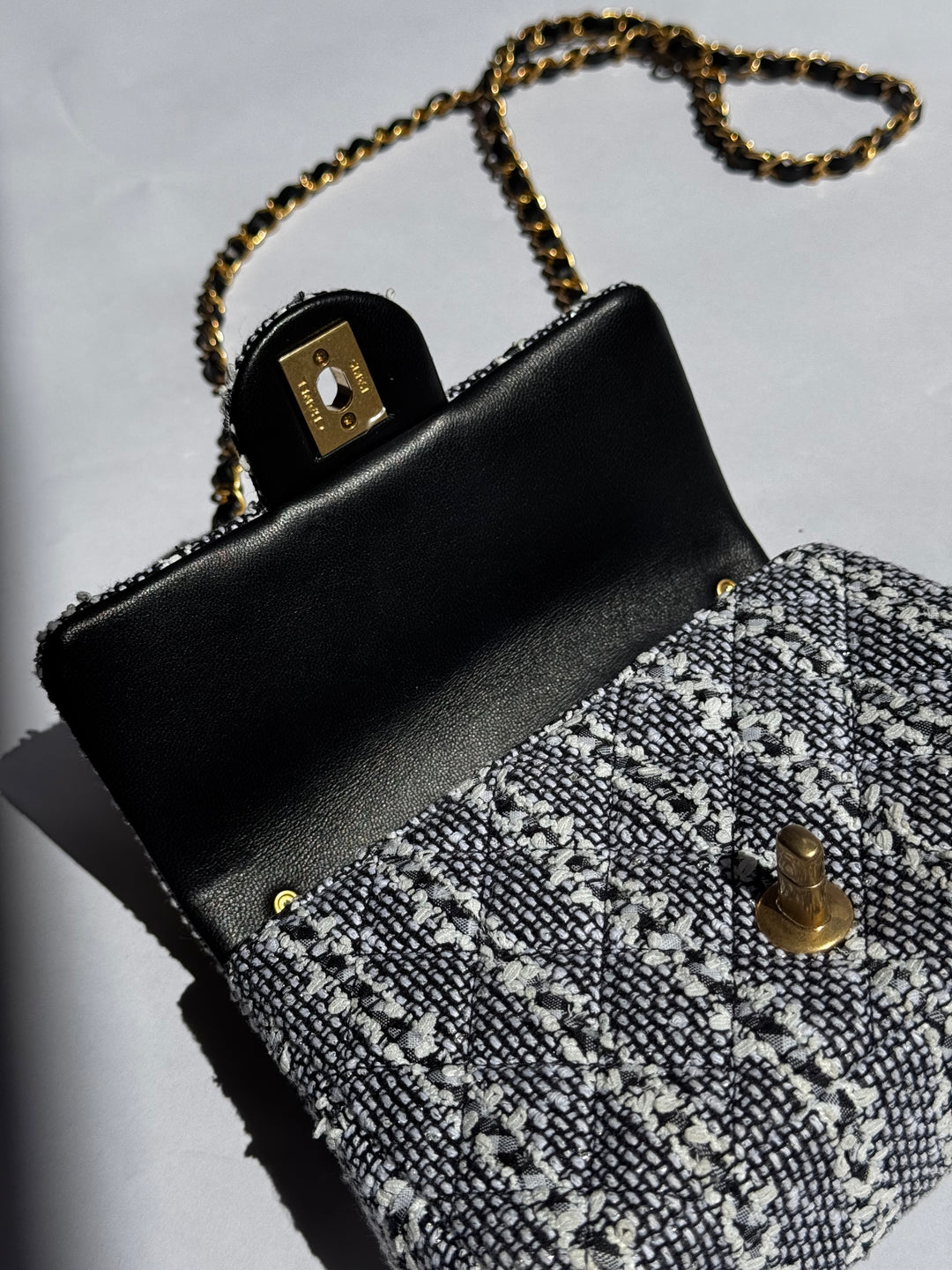 Chanel Black & White Mini Tweed Pearl Flap Bag