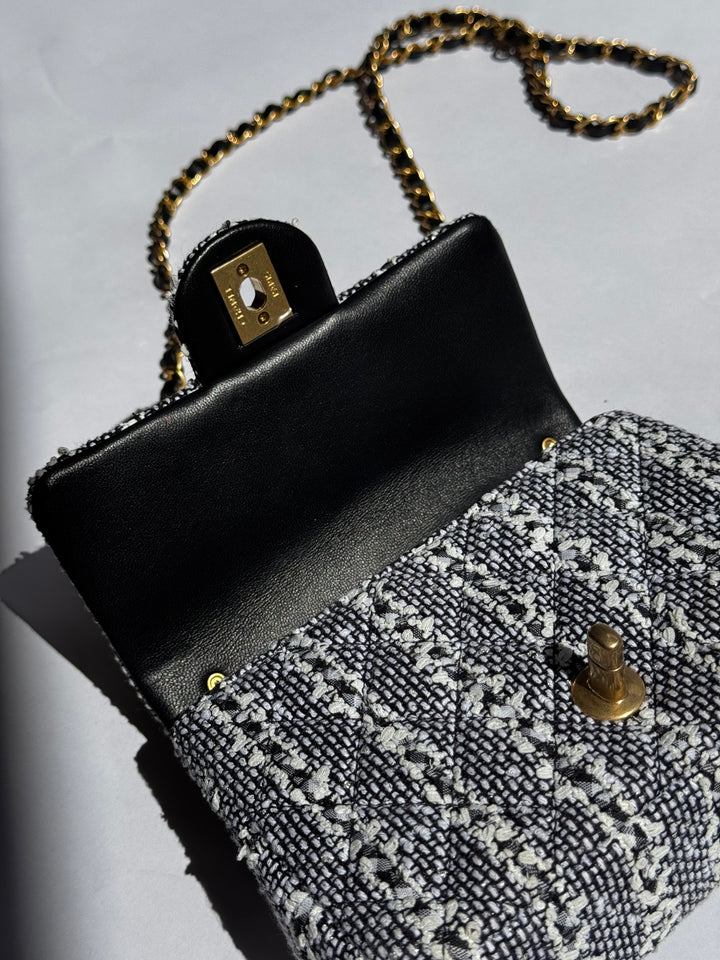 Chanel Black & White Mini Tweed Pearl Flap Bag
