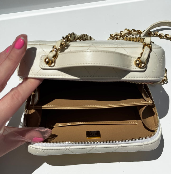 Chanel 21K Small White Lambskin Golden Plate Vanity Case