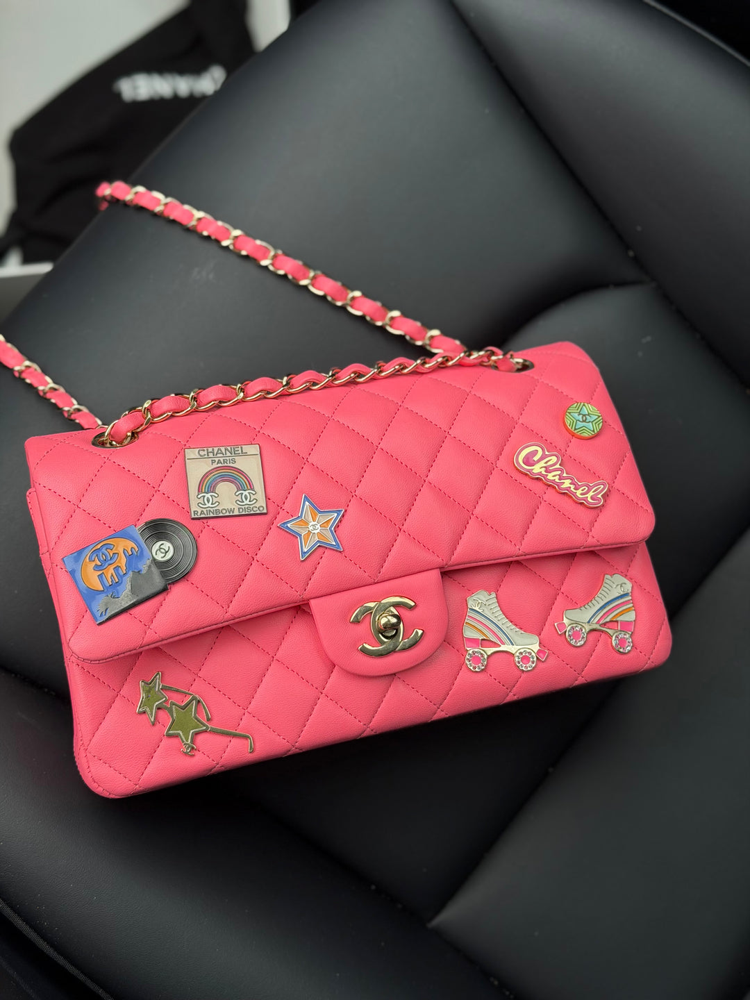Chanel Medium Hollywood Charms Classic Flap Bag Pink Lambskin Light Gold Hardware 2024
