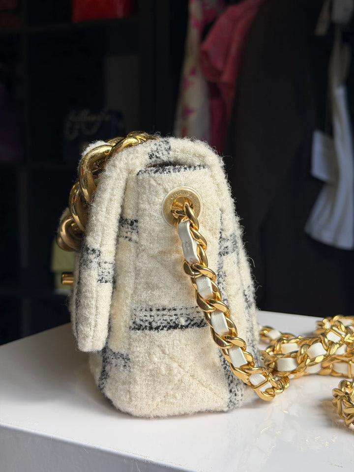 Chanel Small Elegant Chain Flap Wool Tweed White Black Gold Hardware 2022