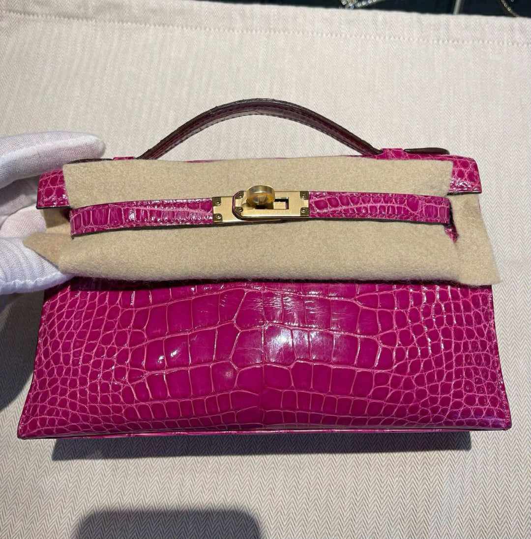 Hermes Rose Scheherazade Alligator Kelly Pochette