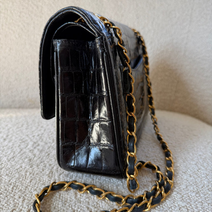 Chanel Medium Classic Flap Bag Alligator Black 24K Plated Gold Hardware 1997