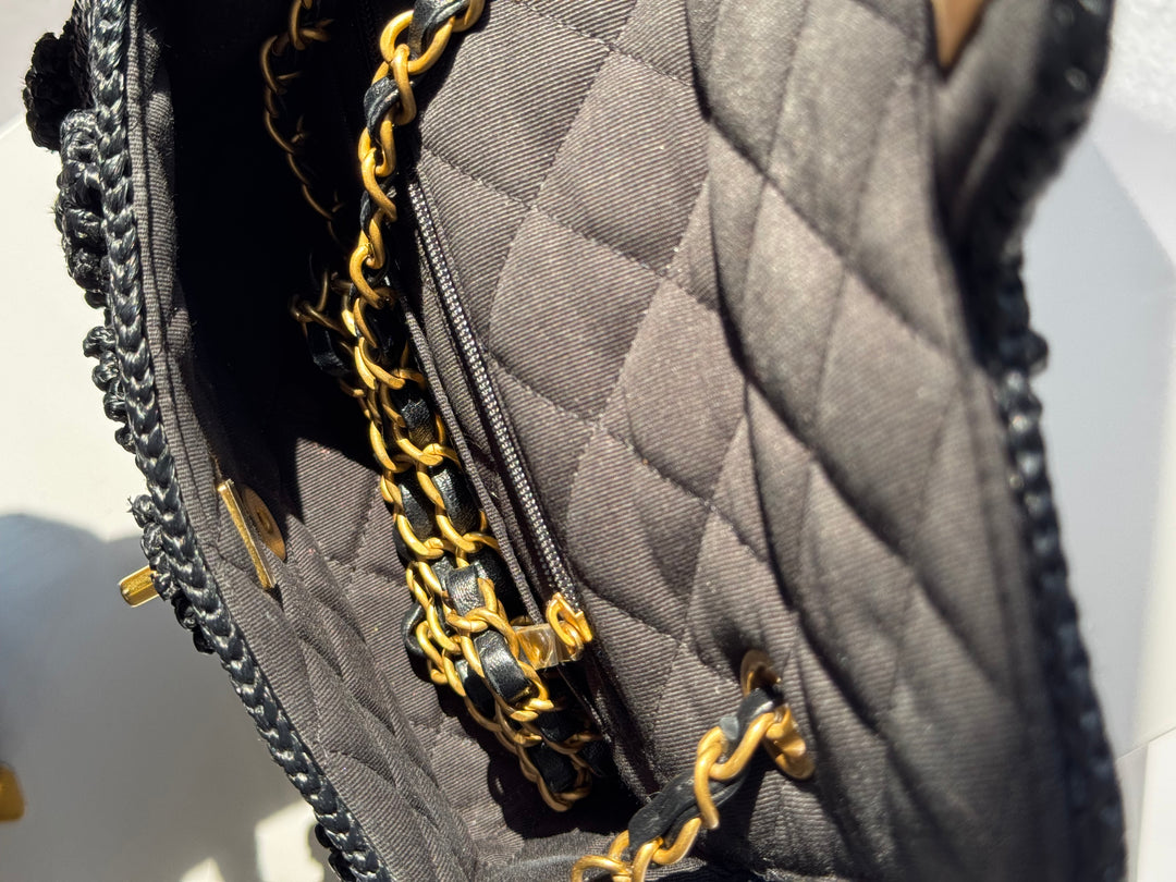 Chanel 24P Black Braided Raffia Mini Flap Bag