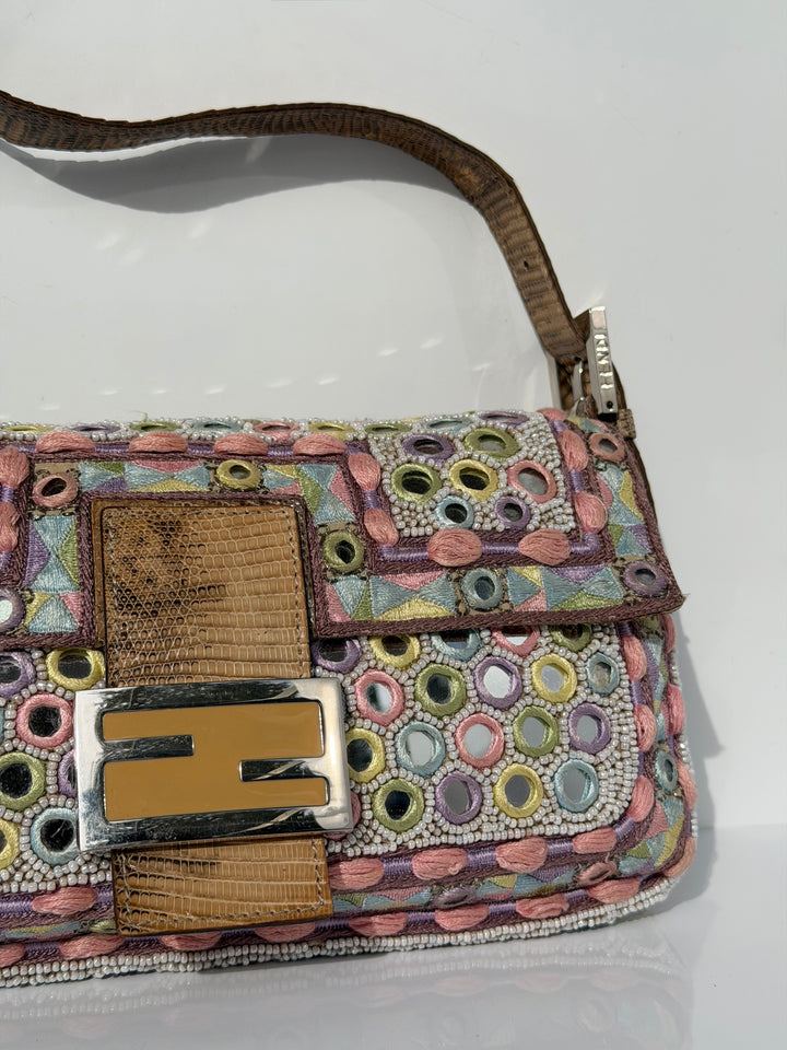 Fendi Baguette Mirror Specchietti Bag Multicolor Silk Embroidery & Beading Lizard Trim 2009