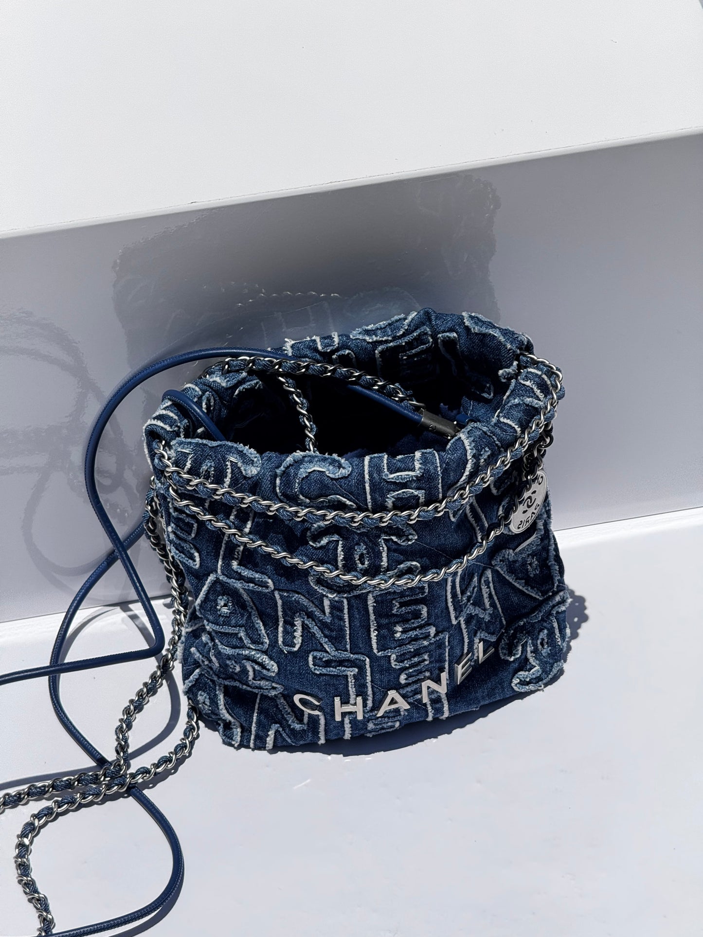 Chanel Blue Washed Denim Mini Logo Embroidered 22