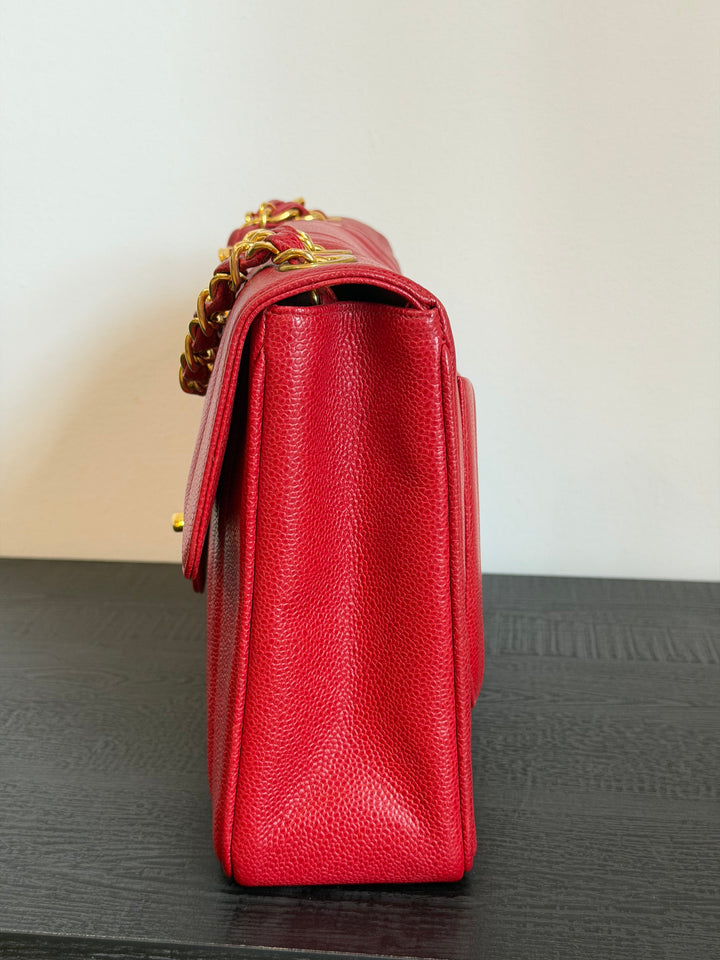 Chanel Vertical Flap Jumbo Red Caviar 24K Gold Plated Hardware 1994