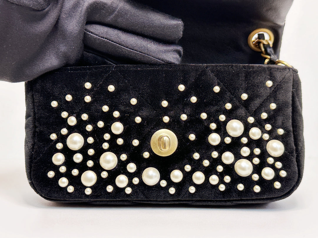 Chanel Black Velvet Mini Pearl Flap Bag