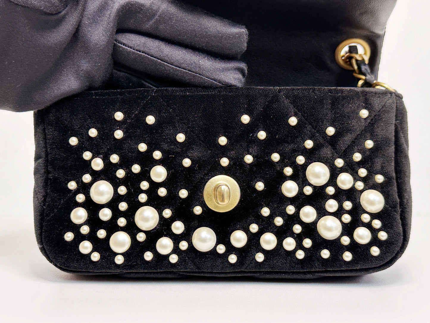Chanel Black Velvet Mini Pearl Flap Bag