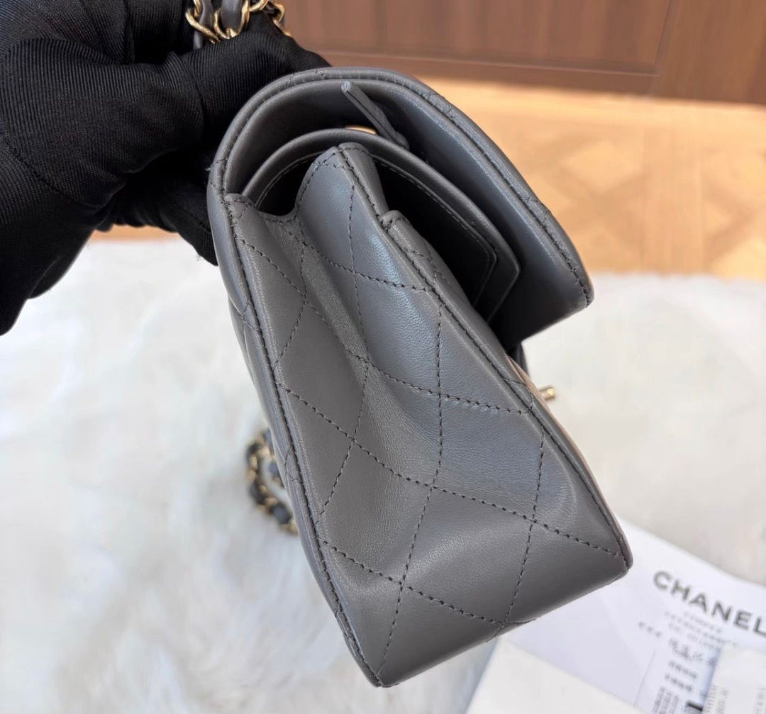 Chanel Small Classic Double Flap Lambskin Grey Gold Hardware 2022