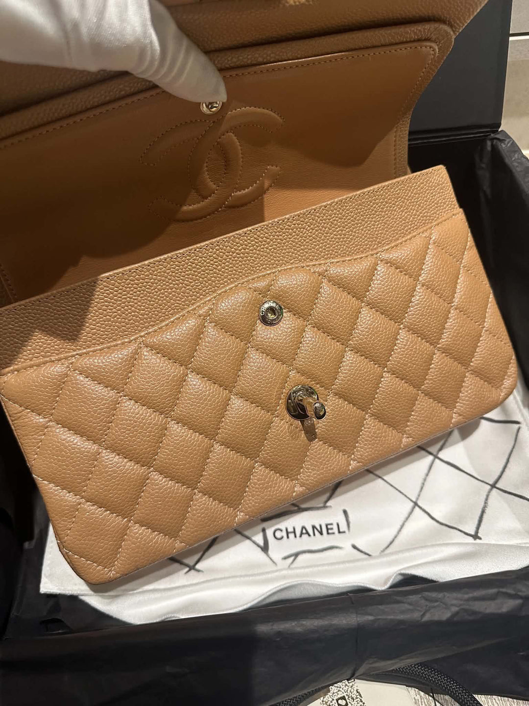 Chanel Medium Classic Flap Bag Dark Beige Caviar Gold Tone Hardware 2018