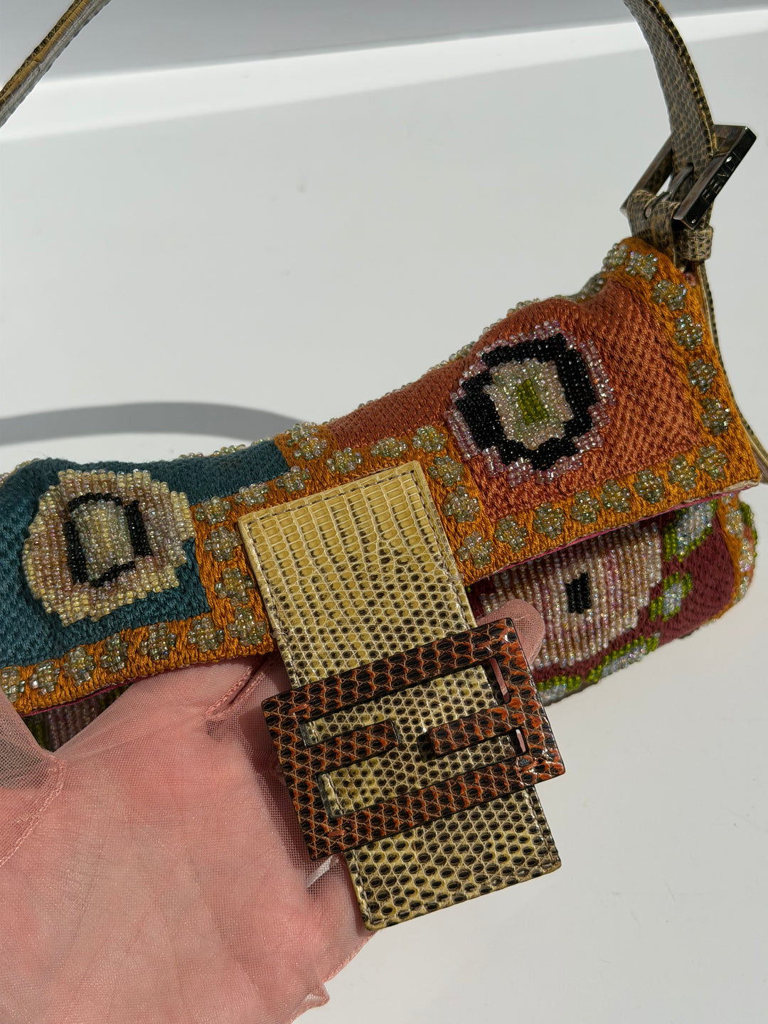 Fendi Multicolor Orange Beaded Baguette Lizard Trim Silver Hardware