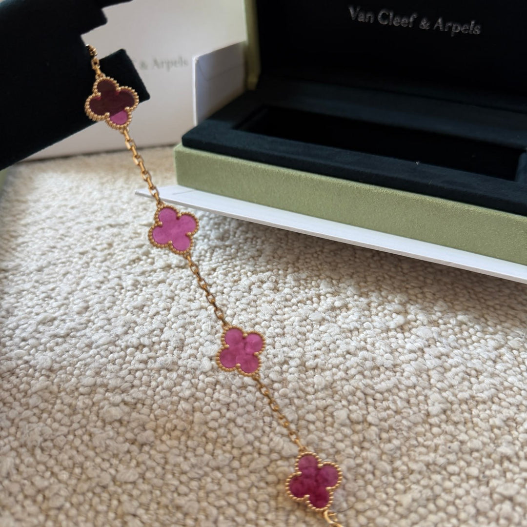 Van Cleef & Arpels Vintage Alhambra 5 Motif Bracelet Pink Enamel 18K Yellow Gold