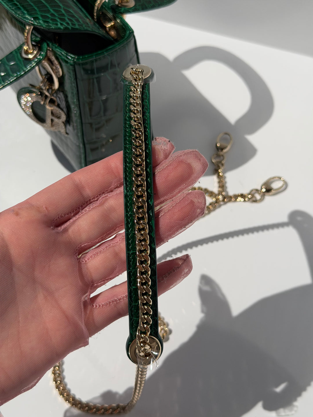 Dior Emerald Crocodile Mini Lady Dior Top Handle Diamond Gold Hardware 2022