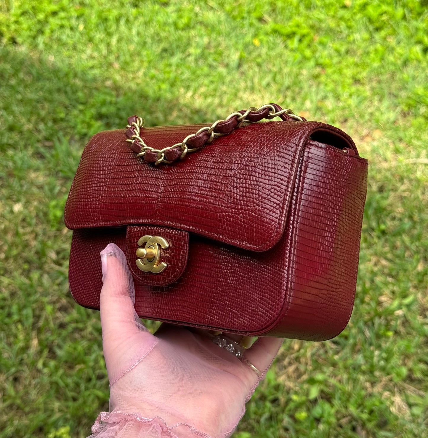 Chanel Burgundy Lizard Mini Rectangular Flap Bag