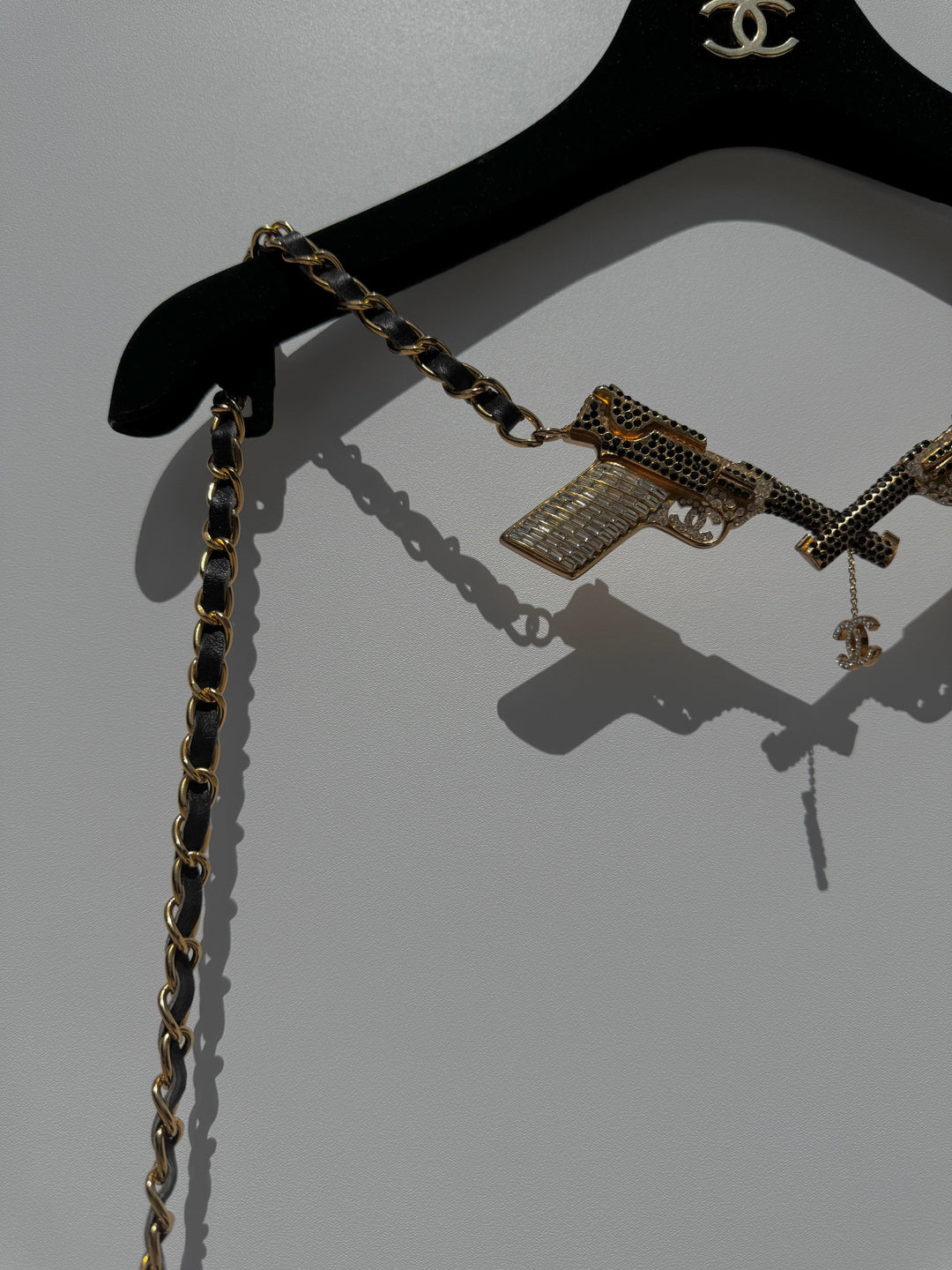 Chanel Runway Pistols Belt Necklace Black Leather Crystal Gold Hardware 2001