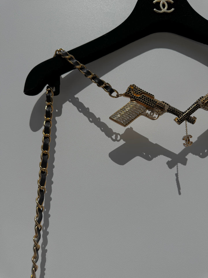 Chanel Runway Pistols Belt Necklace Black Leather Crystal Gold Hardware 2001