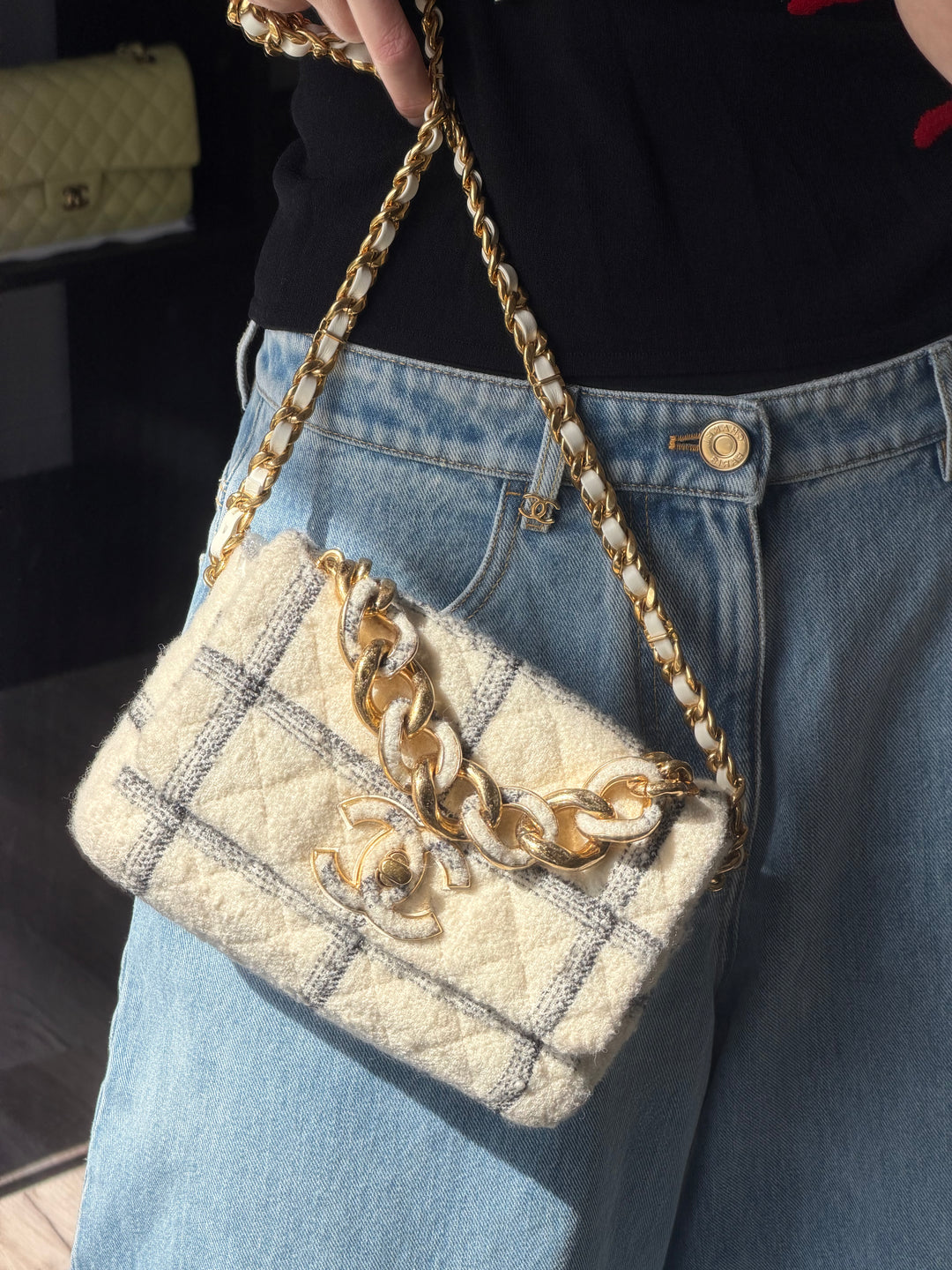 Chanel Small Elegant Chain Flap Wool Tweed White Black Gold Hardware 2022