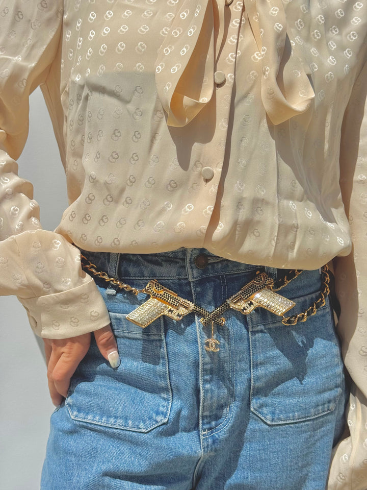 Chanel Runway Pistols Belt Necklace Black Leather Crystal Gold Hardware 2001