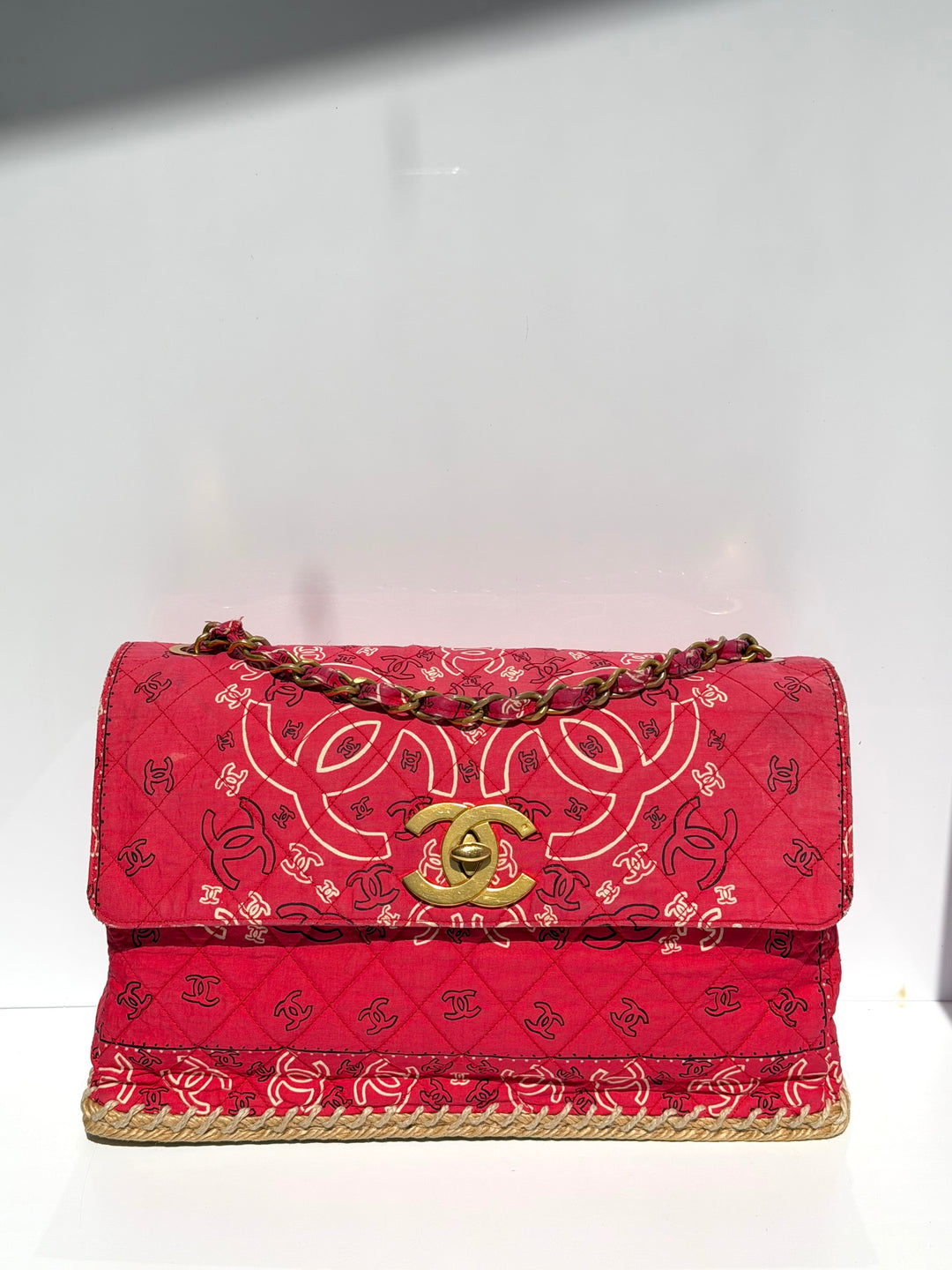 Chanel Vintage Red Bandana Paisley Print Straw Maxi Jumbo Flap Bag 1994