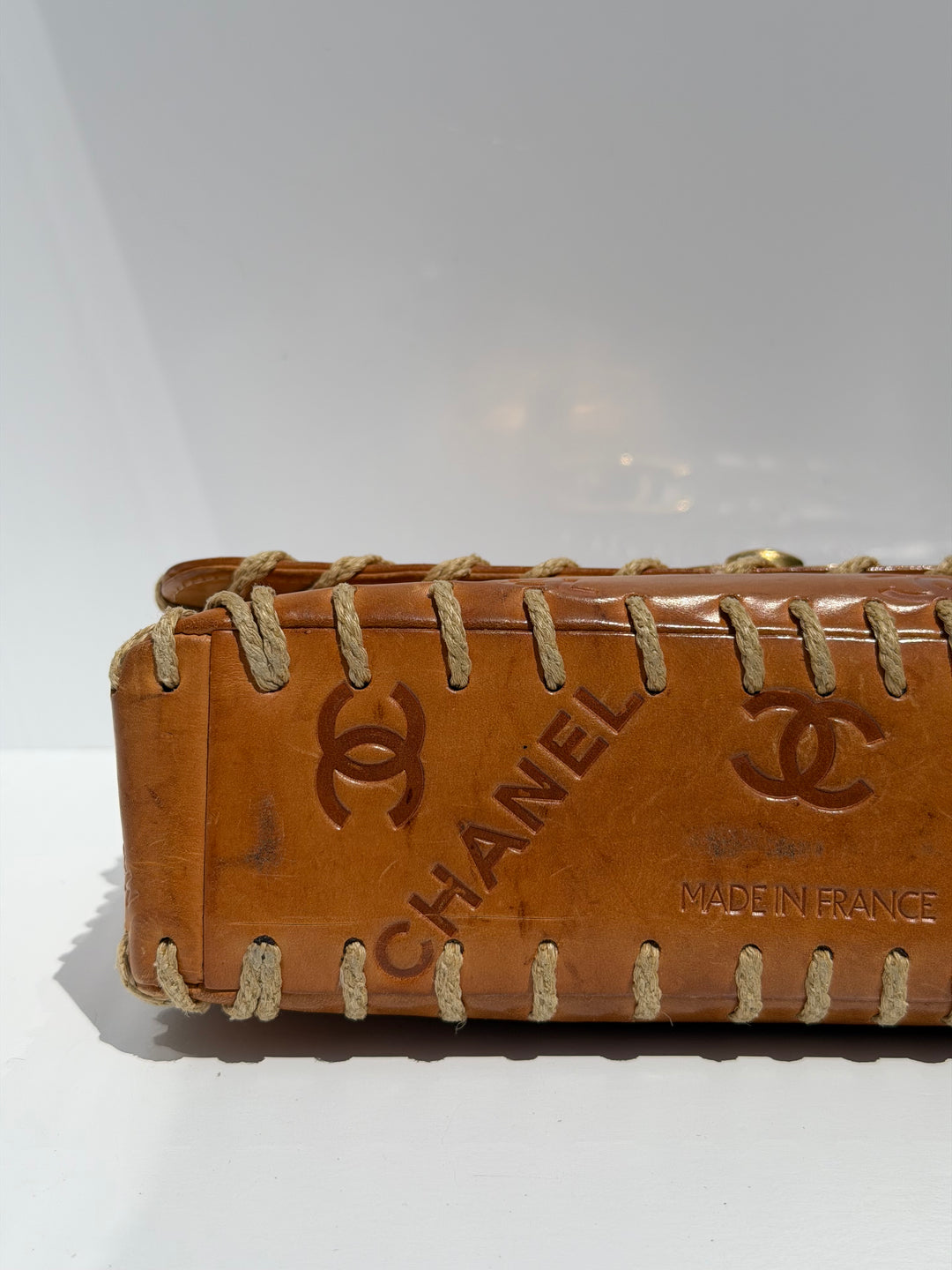 Chanel Half Flap Bag Tan Debossed Logo Calfskin Whipstitched Gold Hardware 1994