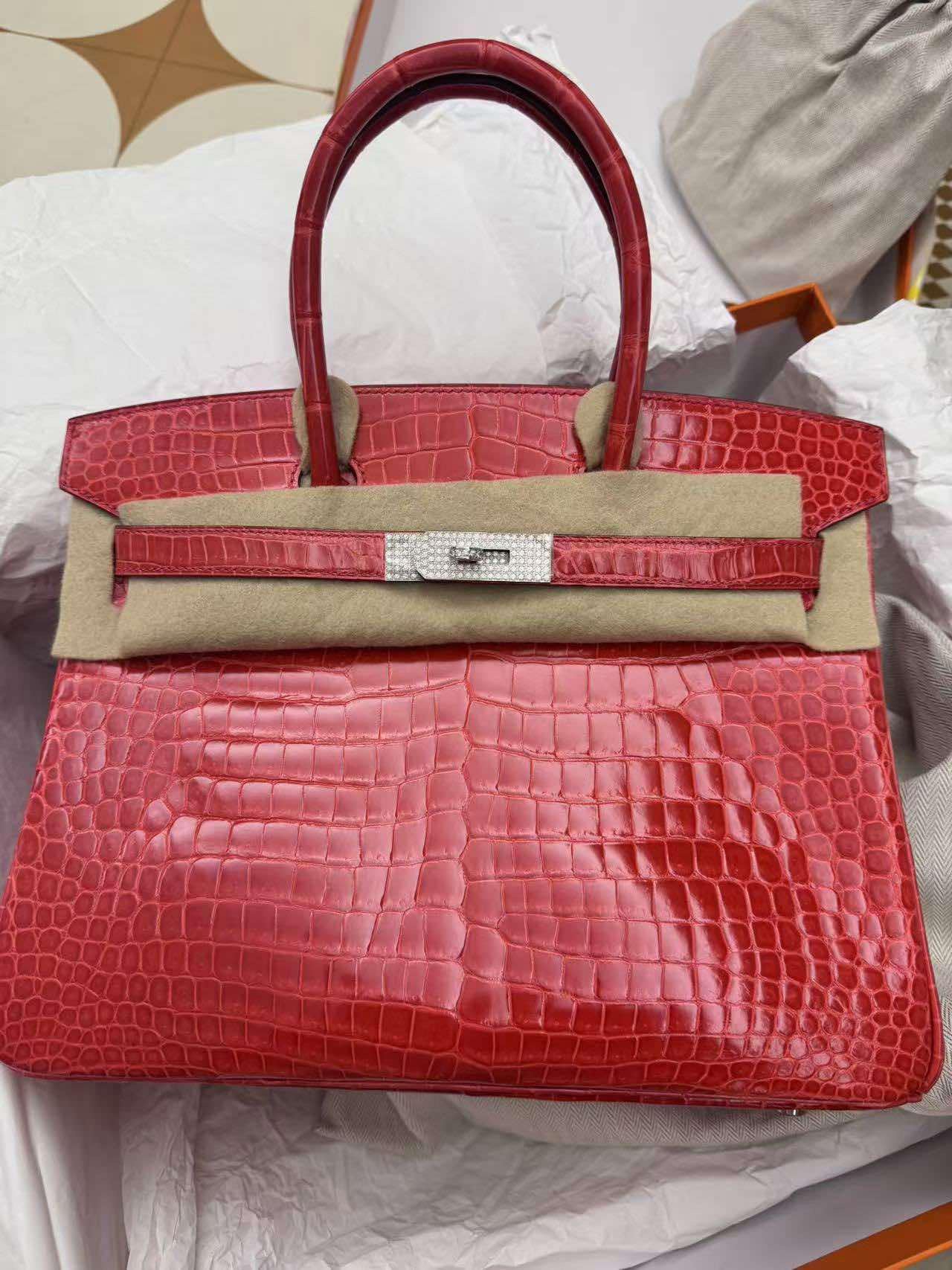 Hermes White Gold Diamond Geranium Crocodile Birkin 30