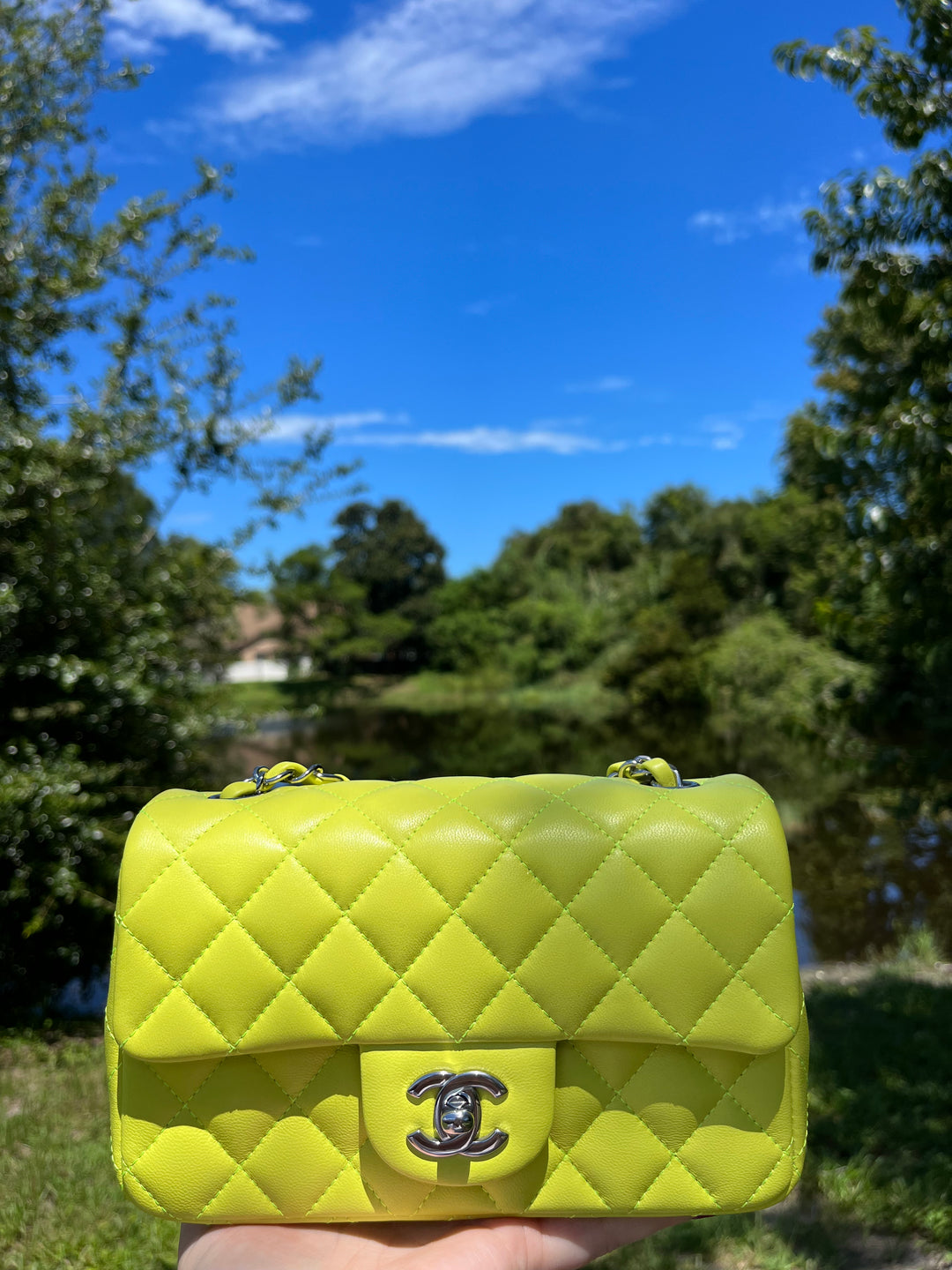Chanel 21S Mini Classic Flap Lambskin Yellow Silver Hardware