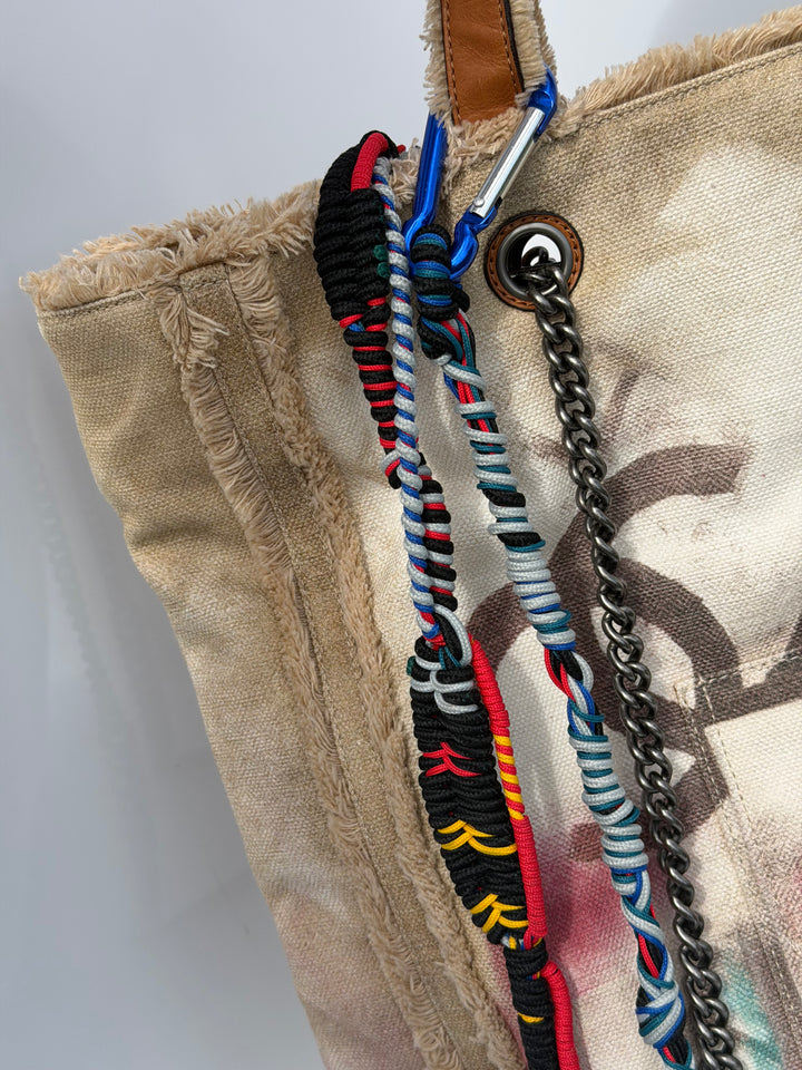 Chanel Runway Art School Graffiti Canvas Tote Beige Multicolor Ruthenium Hardware 2014