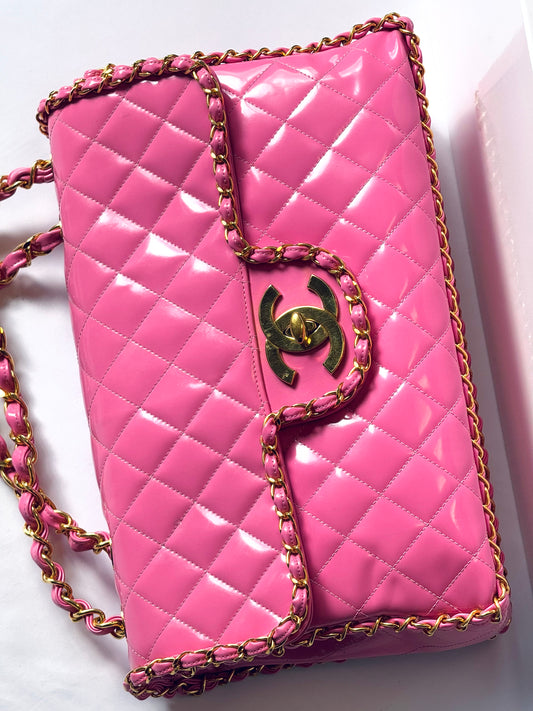 Chanel 1995 Jumbo Barbie Pink Chain Around Flap Bag