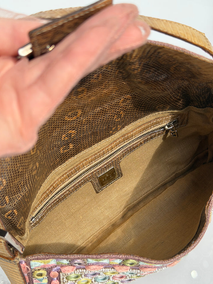 Fendi Baguette Mirror Specchietti Bag Multicolor Silk Embroidery & Beading Lizard Trim 2009