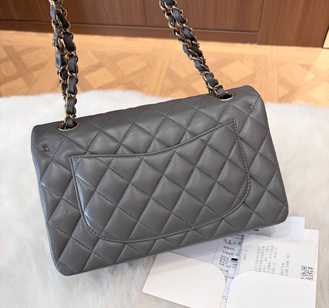 Chanel Small Classic Double Flap Lambskin Grey Gold Hardware 2022