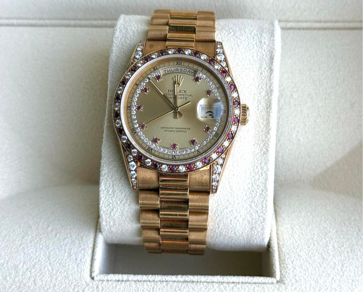 Vintage 1990 Rolex Day-Date 36mm Yellow Gold, Ruby String Dial Diamond Watch
