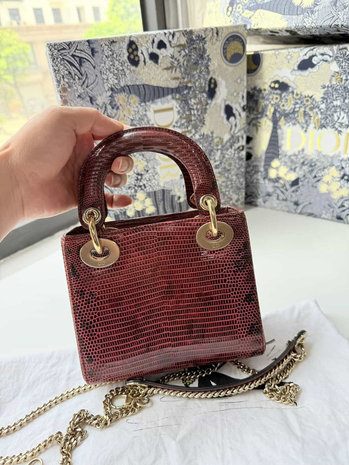 Christian Dior Lady Dior Mini Top Handle Lizard Burgundy Gold Hardware