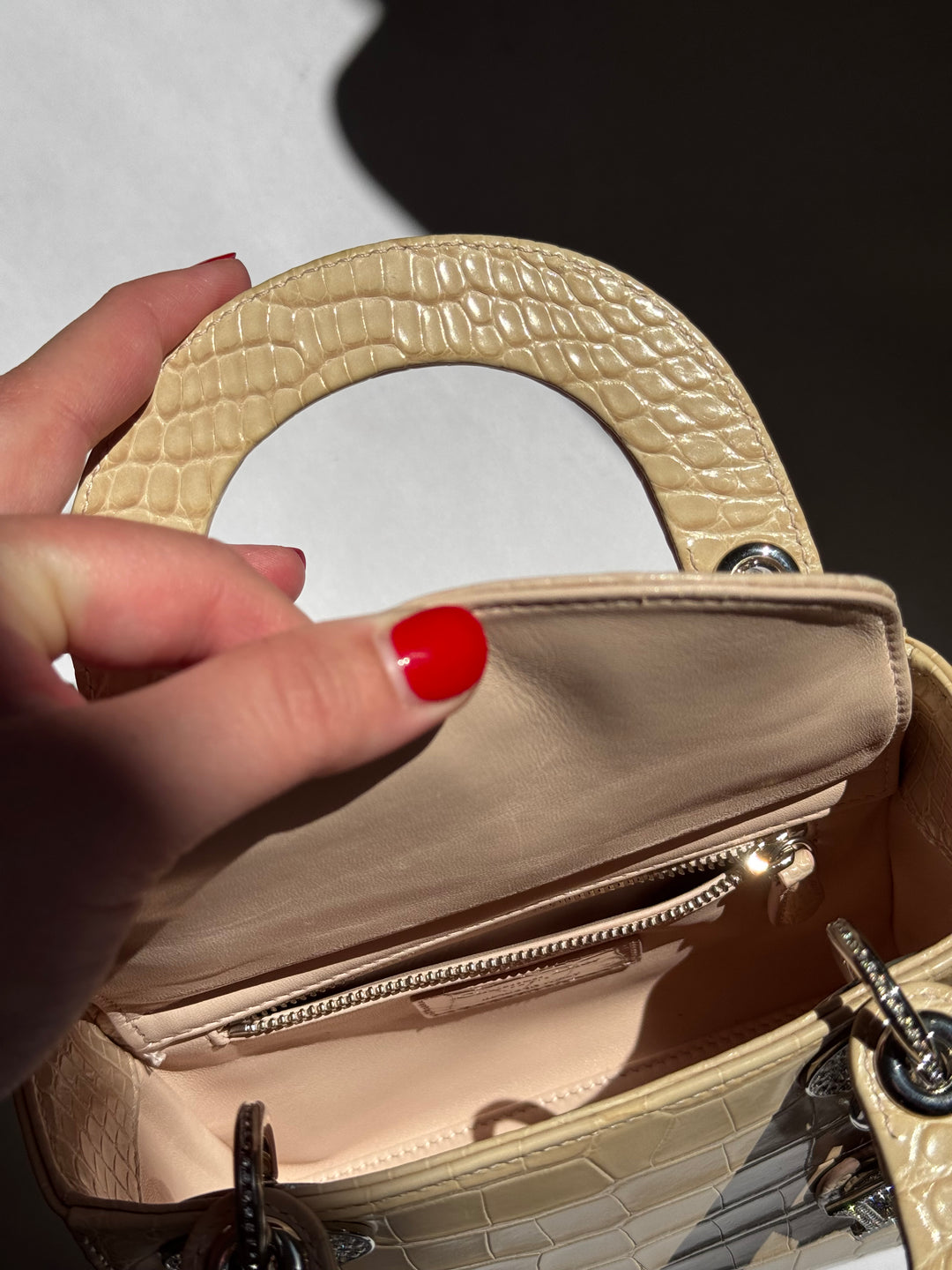 Lady Dior Ivory Crocodile Mini Top Handle