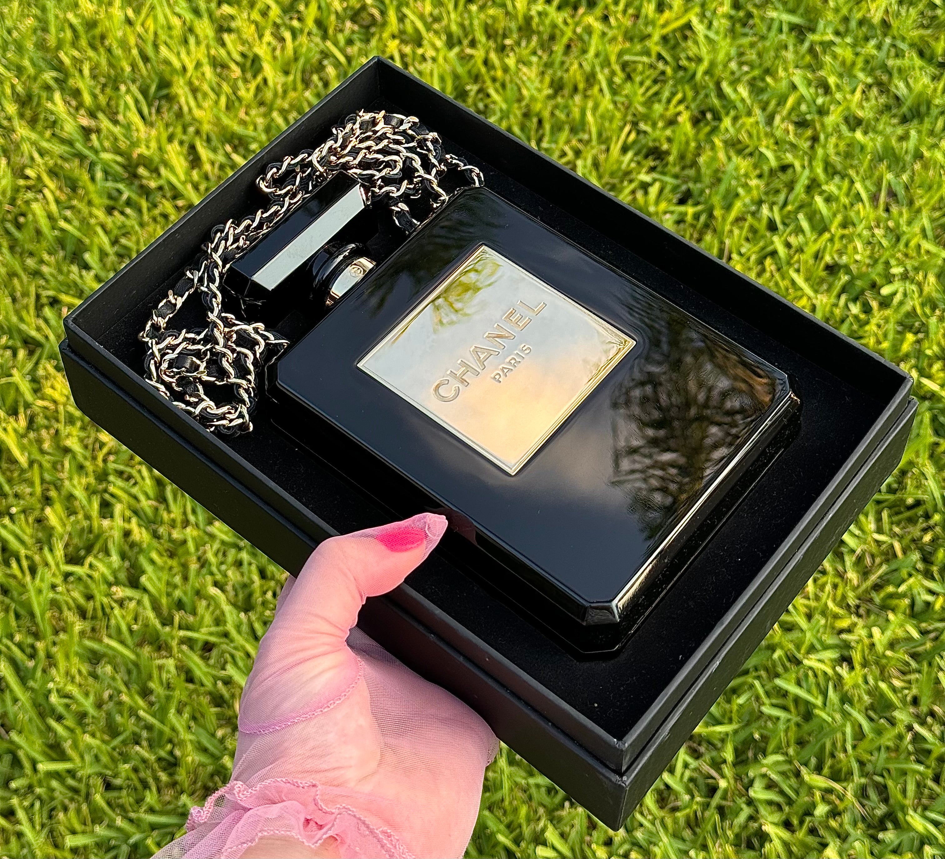 Chanel Perfume Bottle Minaudière Black Acrylic Plexiglass Gold