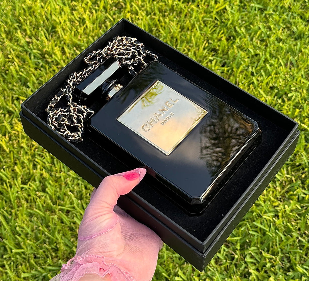 Chanel Black Acrylic Plexiglass Perfume Bottle Minaudière