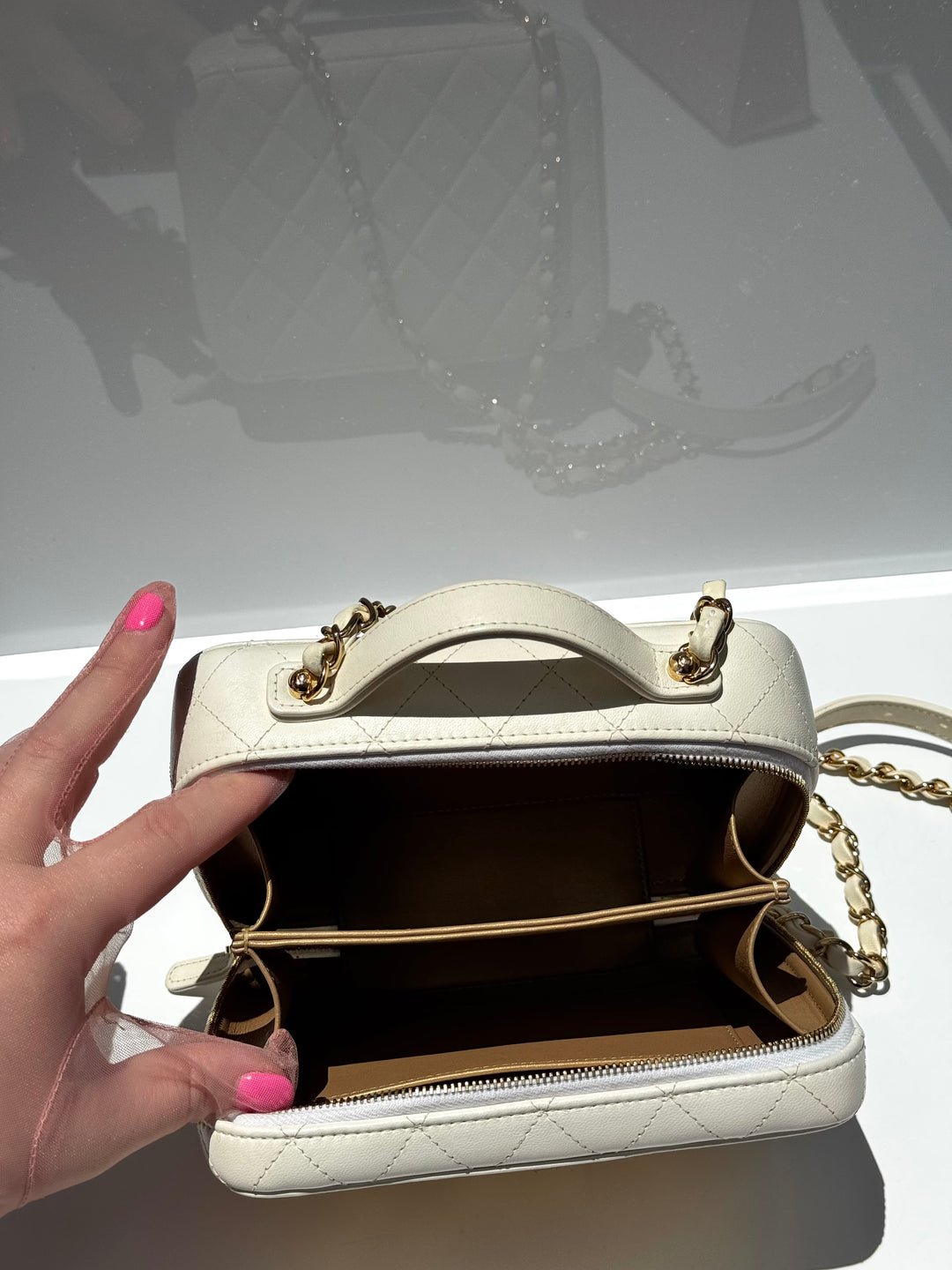 Chanel 21K Small White Lambskin Golden Plate Vanity Case