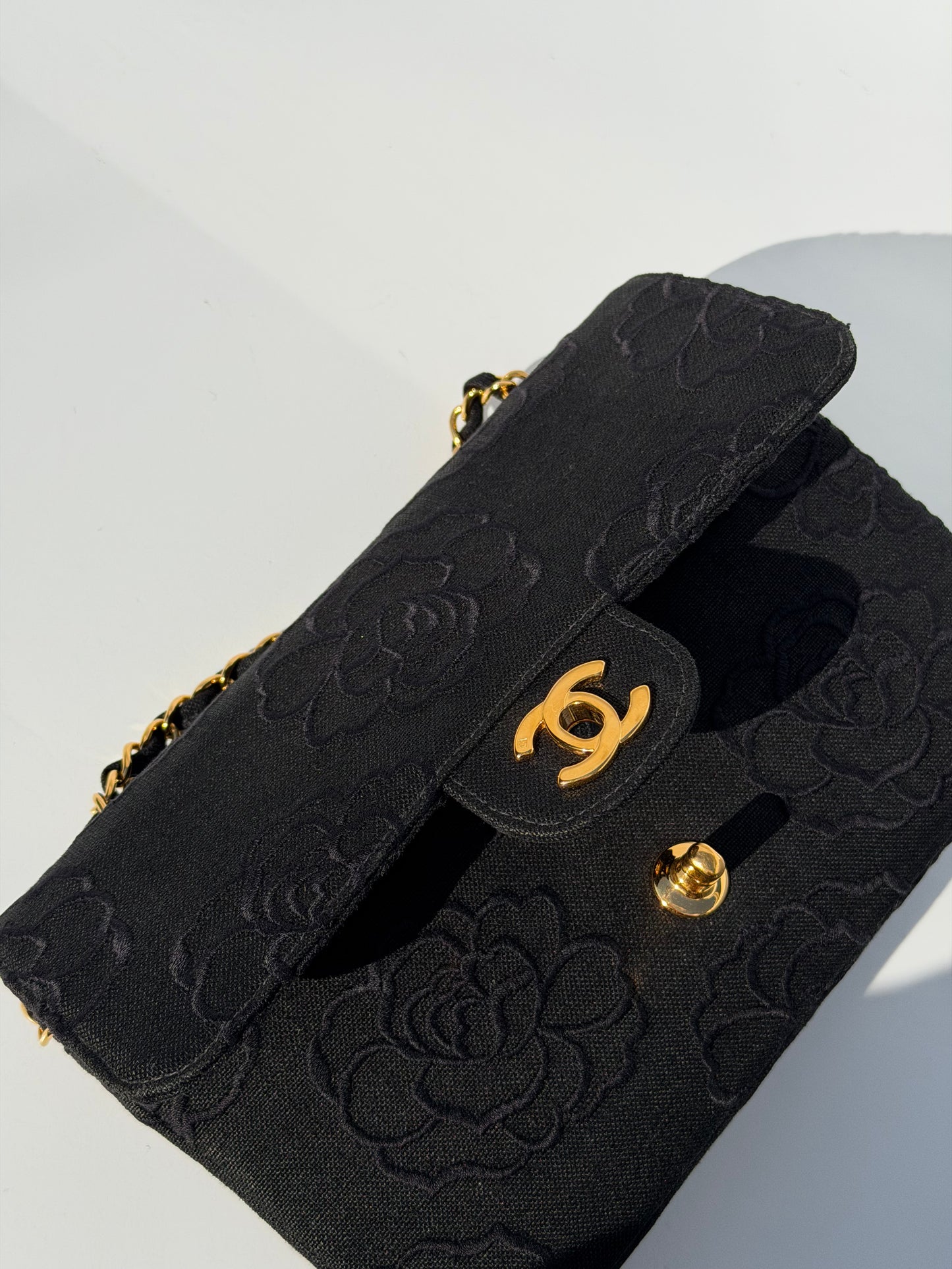 Chanel 1997 Small 24K Black Camellia Classic Flap Bag