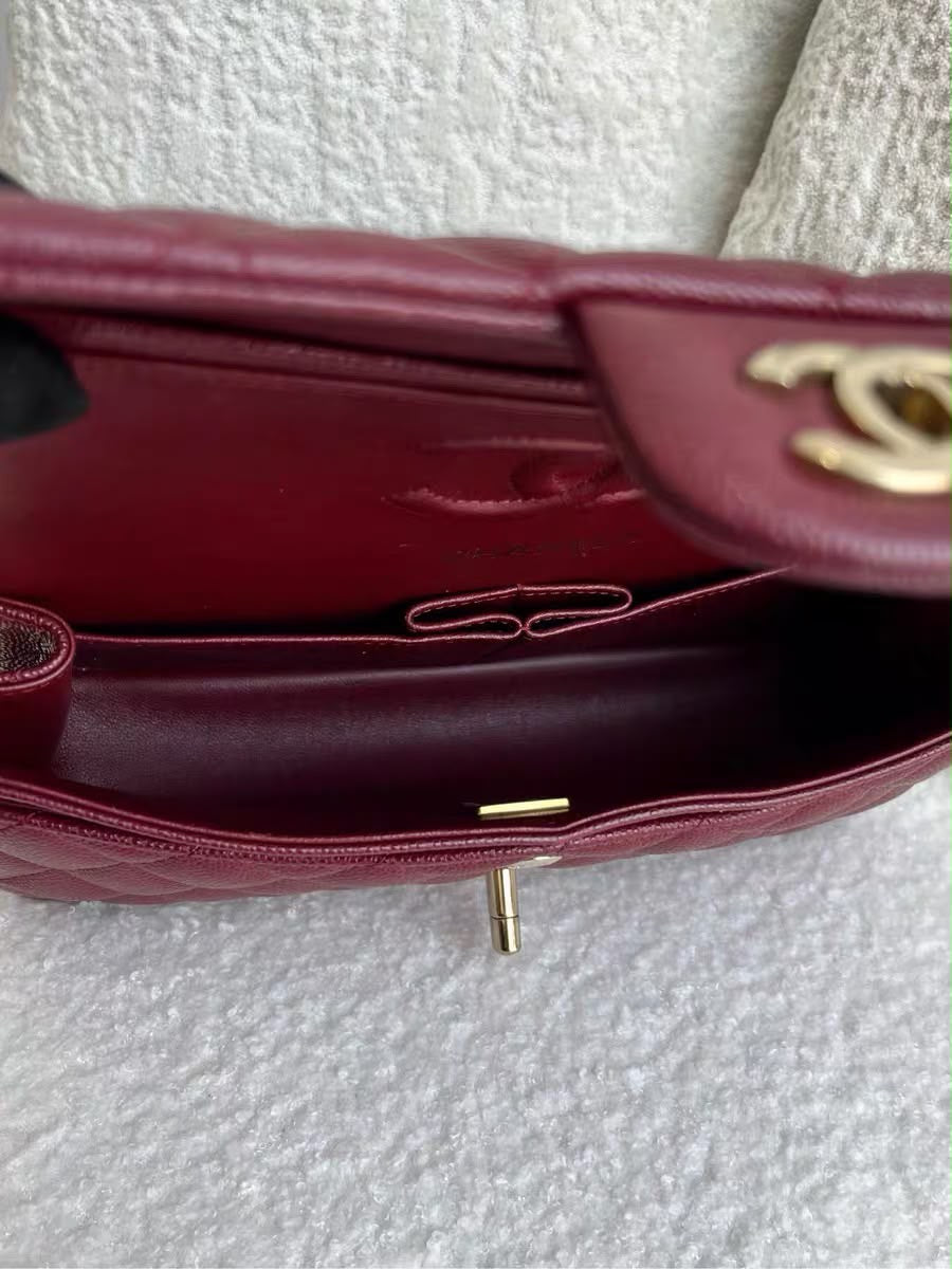 Chanel Small Classic Double Flap Caviar Burgundy Light Gold Hardware 2023