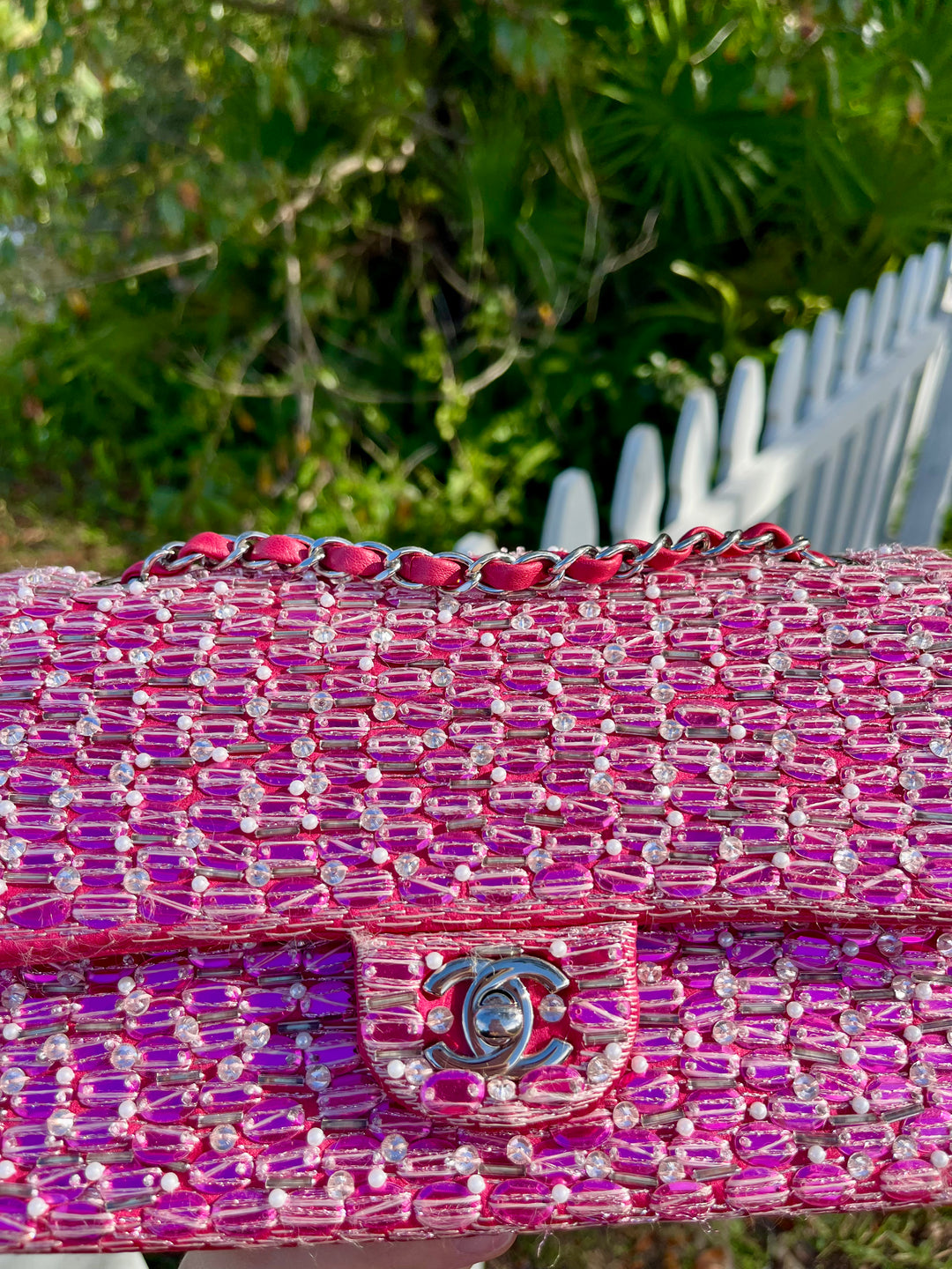Chanel Pink Beaded Satin Medium Double Flap Bag