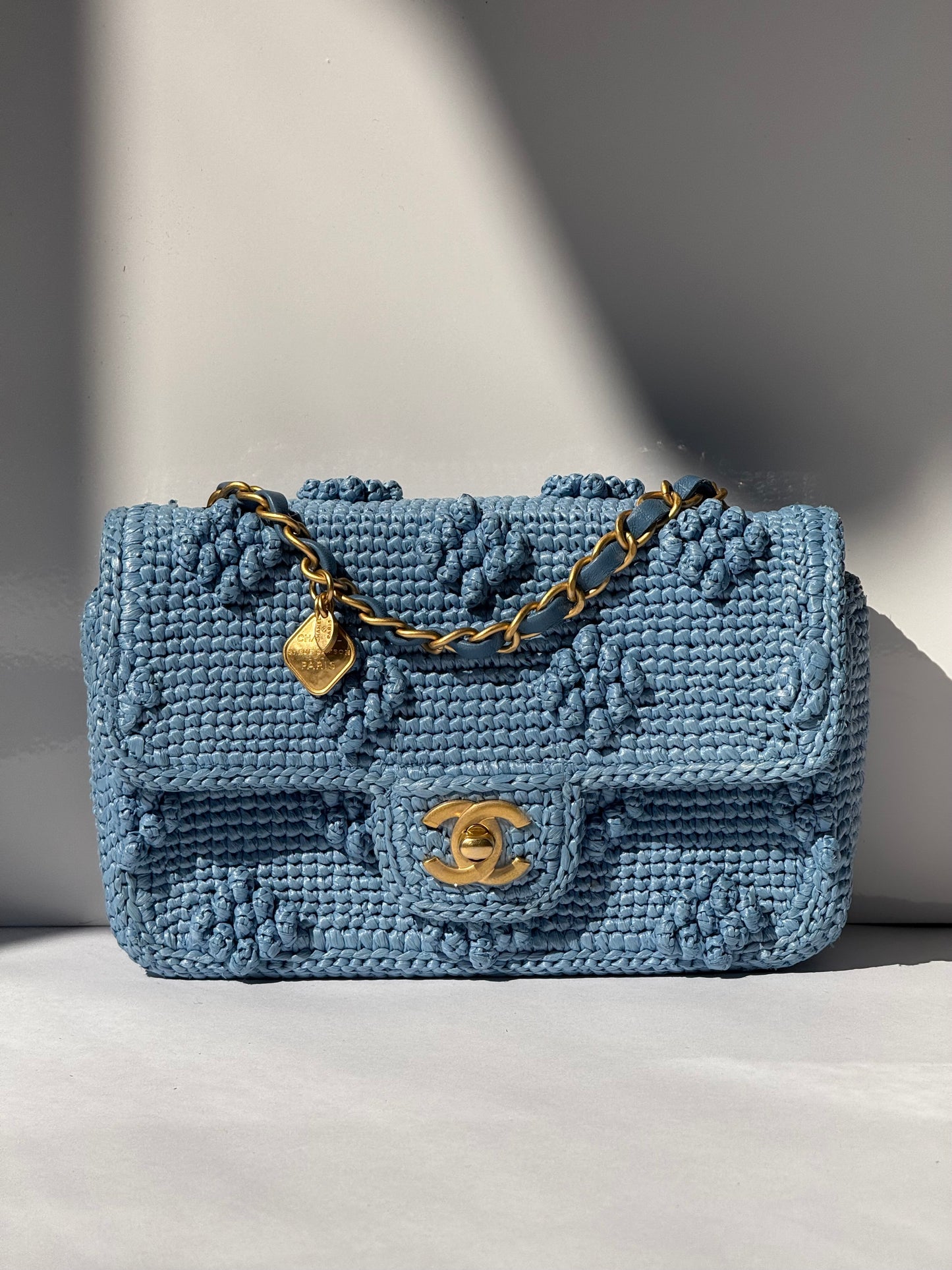 Chanel 24P Blue Braided Raffia Mini Flap Bag