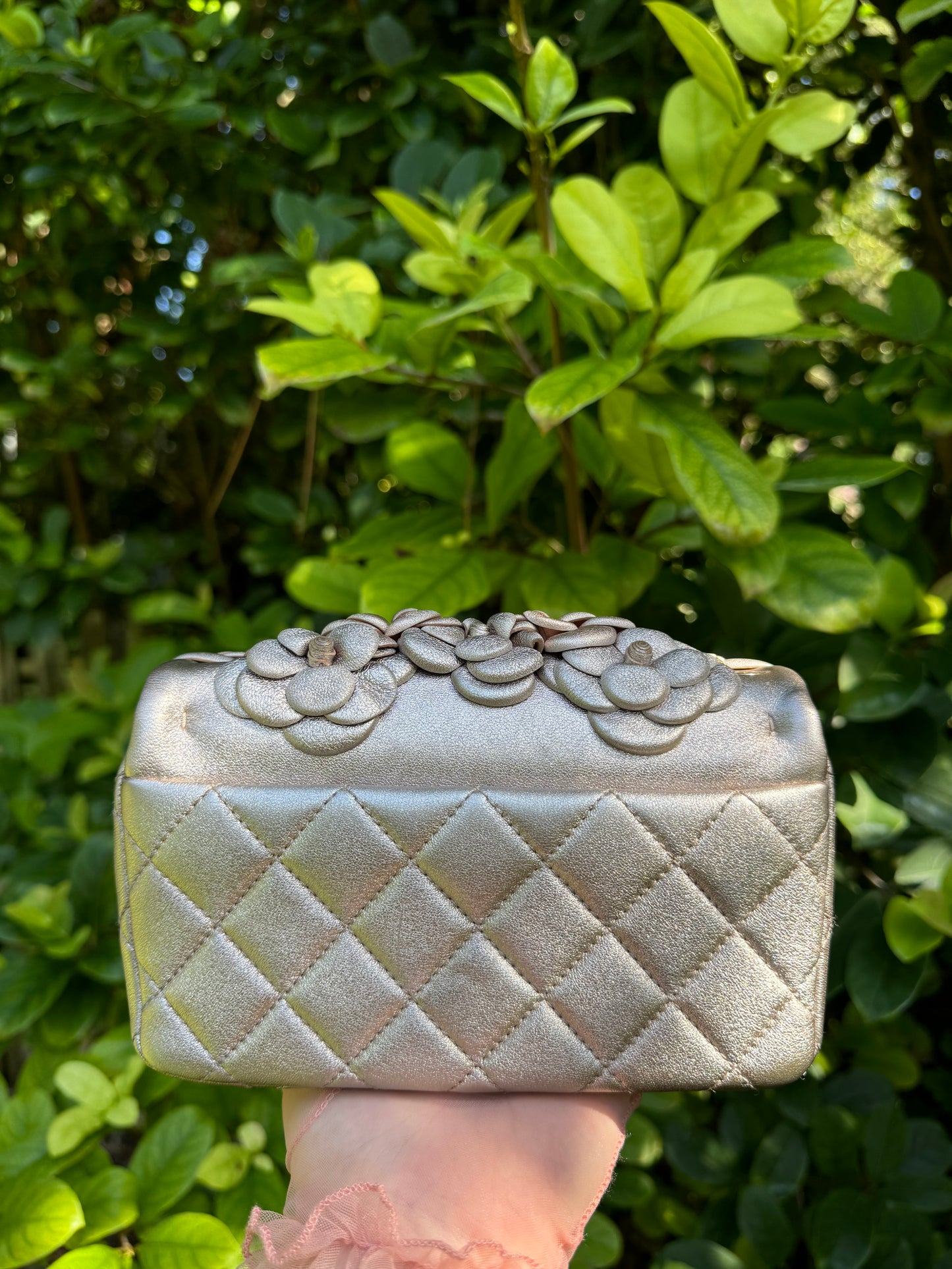 Chanel Metallic Pink and Rose Gold Lambskin Camellia Rose Appliqué Mini Flap Bag