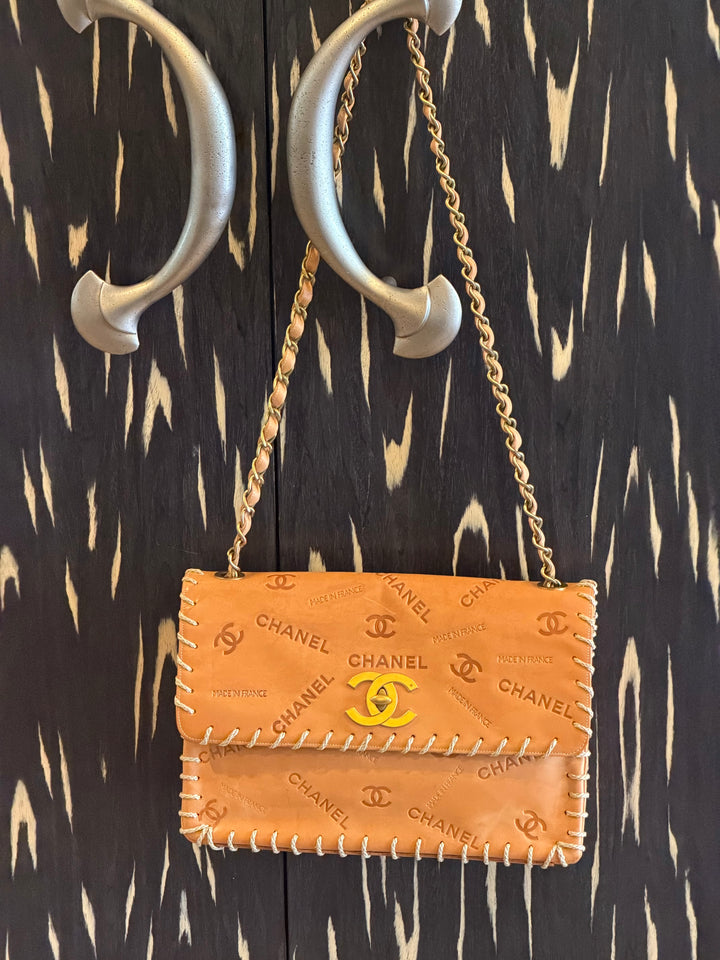 Chanel Jumbo Classic Flap Bag Tan Debossed Logo Calfskin Whipstitched Gold Hardware 1994