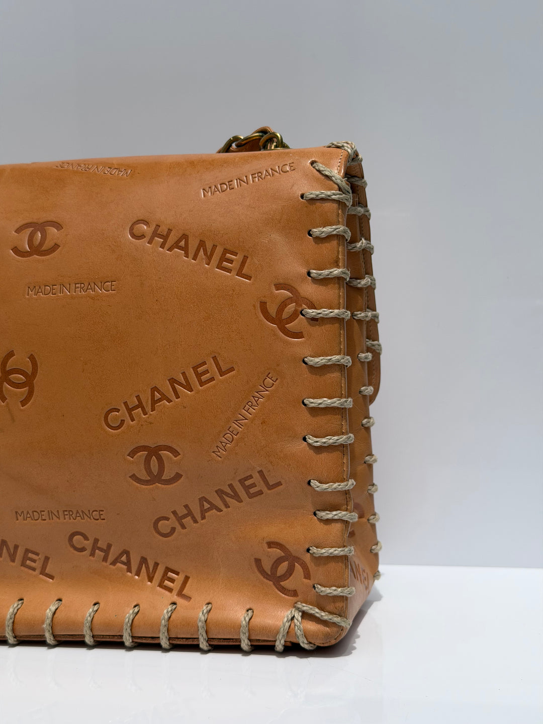 Chanel Jumbo Classic Flap Bag Tan Debossed Logo Calfskin Whipstitched Gold Hardware 1994